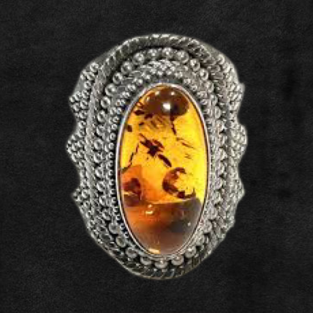 925 Bali Sterling Silver Amber Ring Sz 6